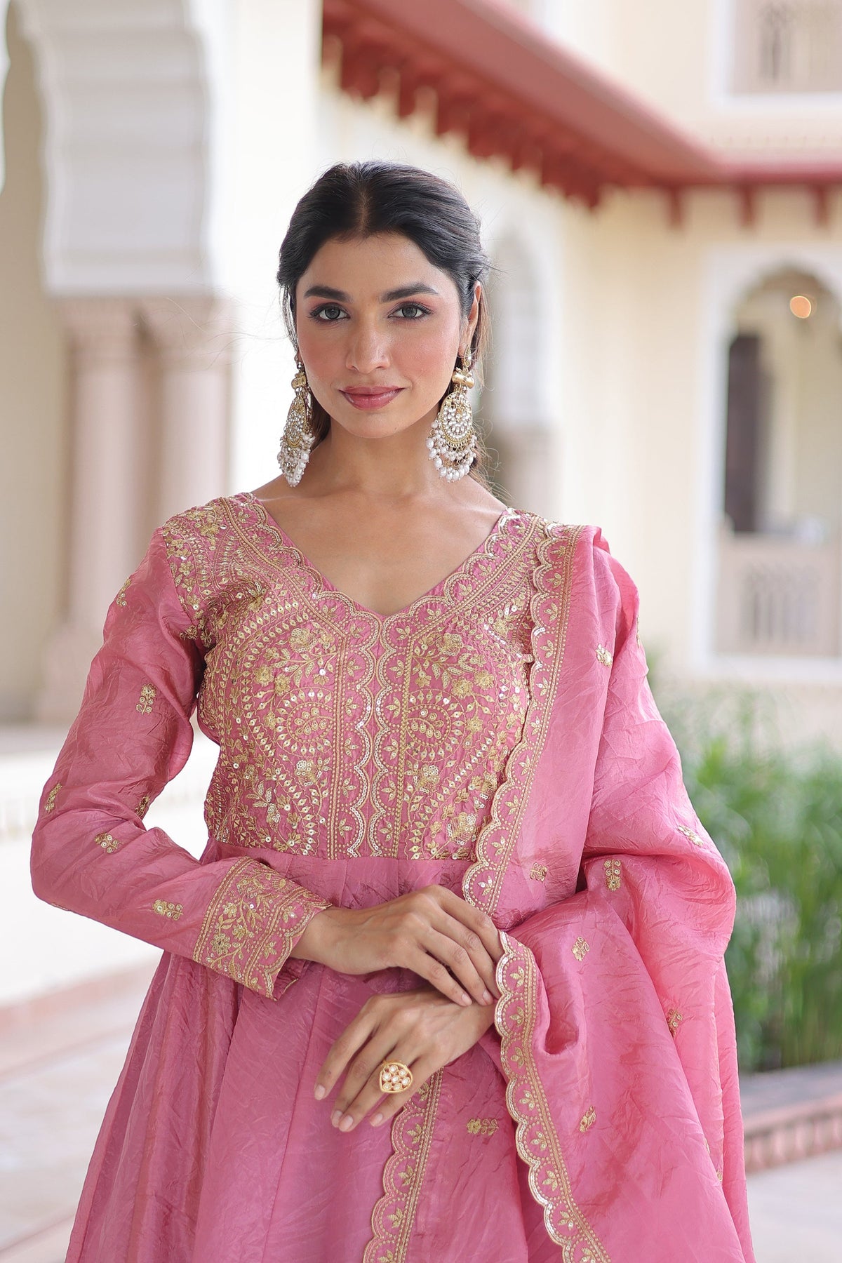 Pink Gold Crush Gown with Sequins and Zari Embroidery