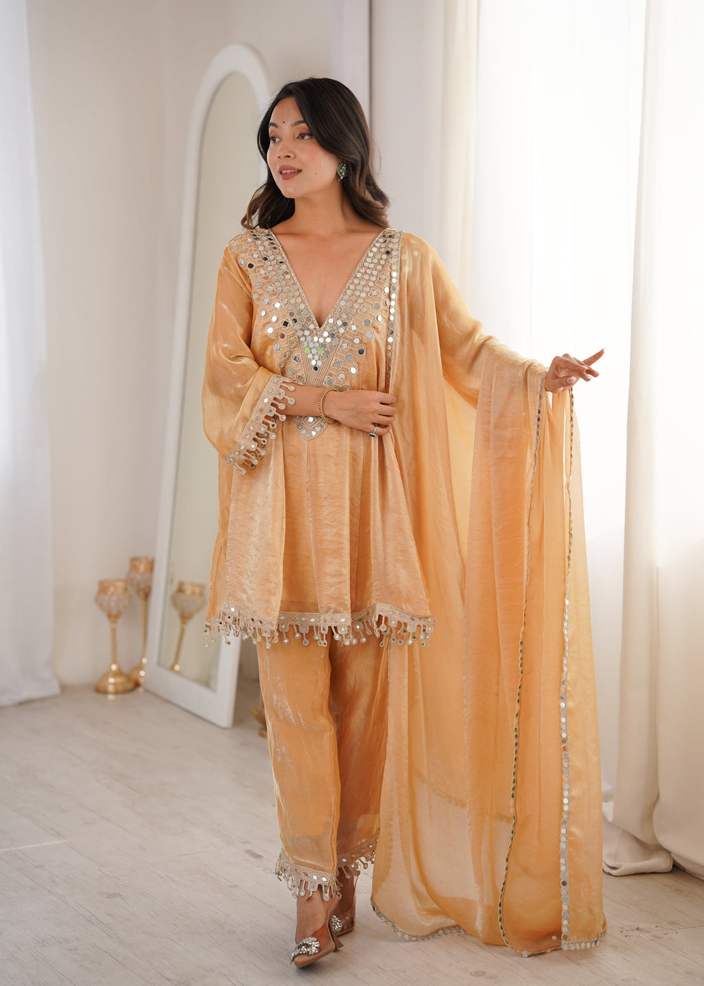Chiku Fendy Satin Kurta Pant Set with Real Mirror Embroidered Lace