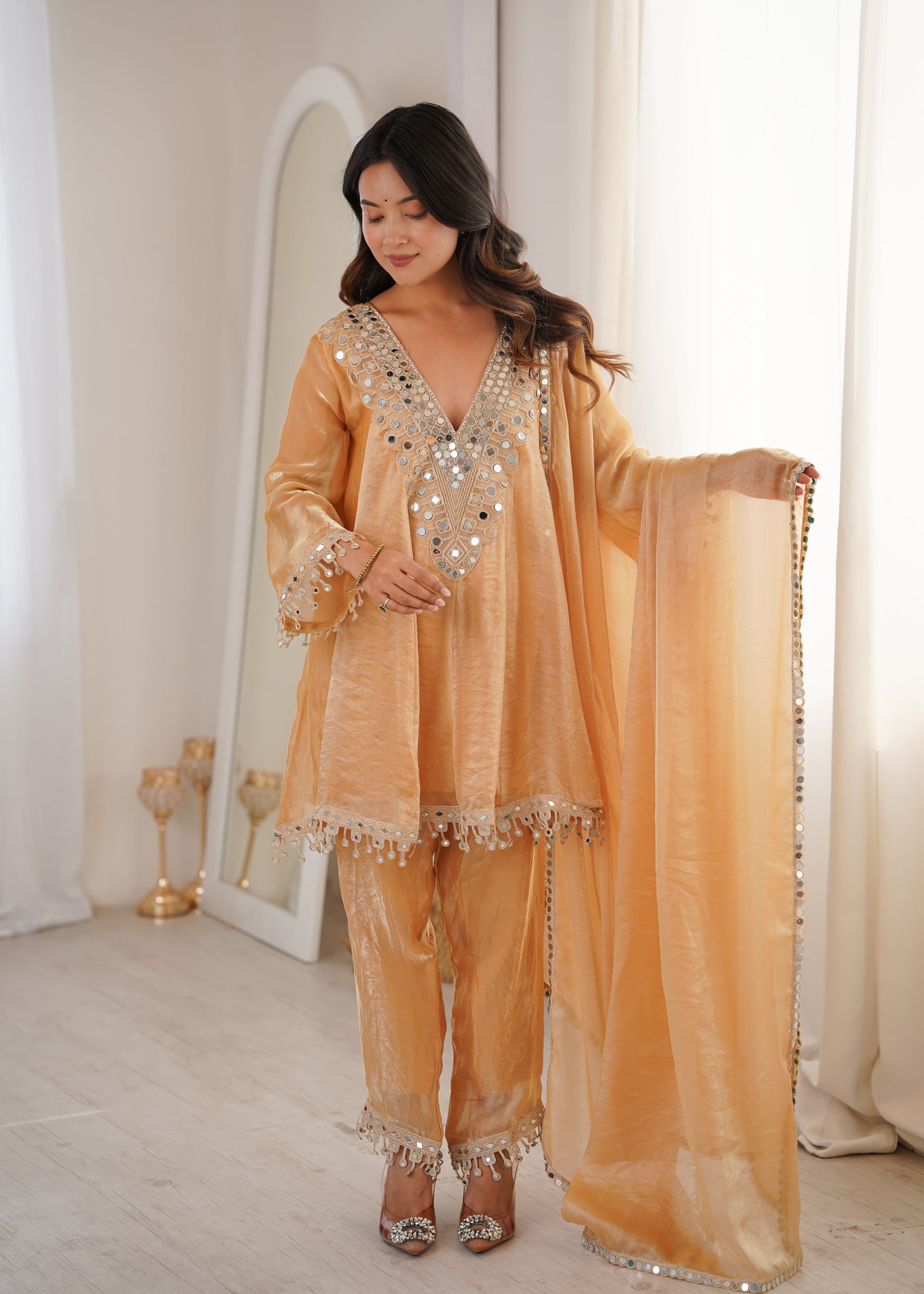 Chiku Fendy Satin Kurta Pant set featuring real mirror work and intricate lace embroidery