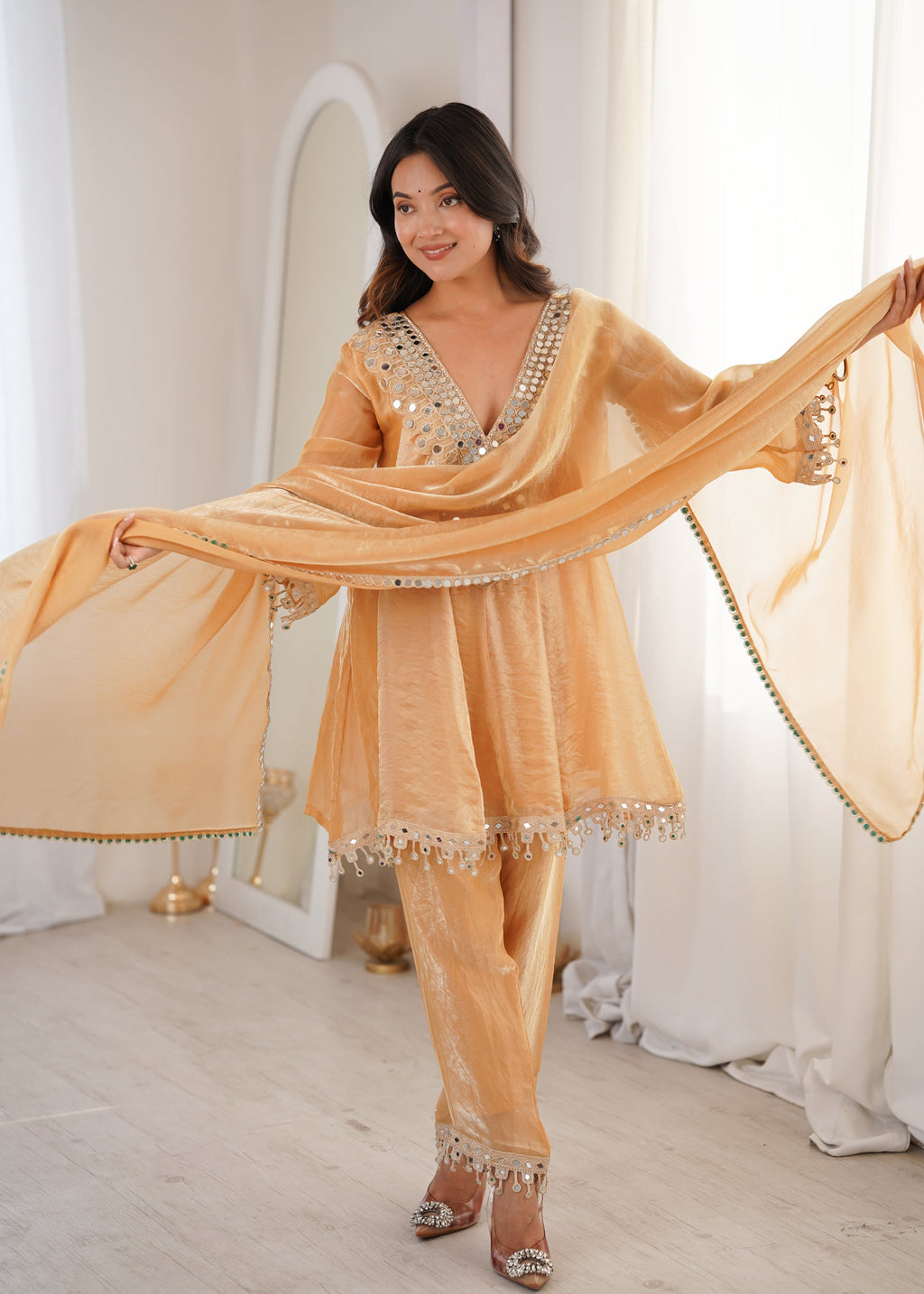 Chiku Fendy Satin Kurta Pant Set with Real Mirror Embroidered Lace
