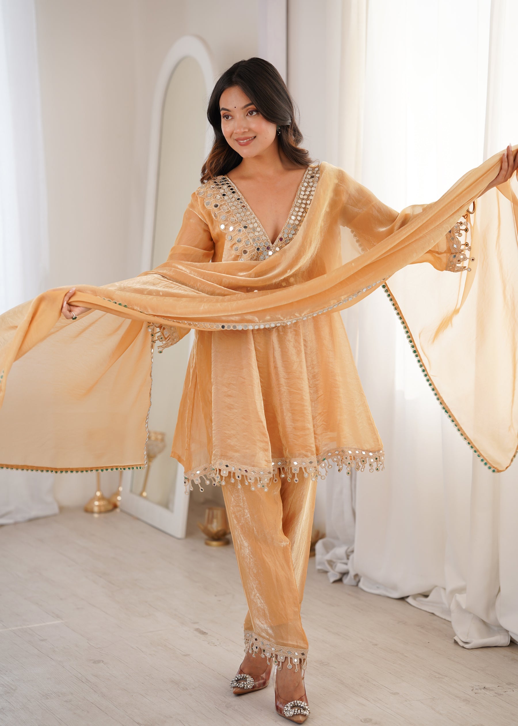 Chiku Fendy Satin Kurta Pant Set with Real Mirror Embroidered Lace