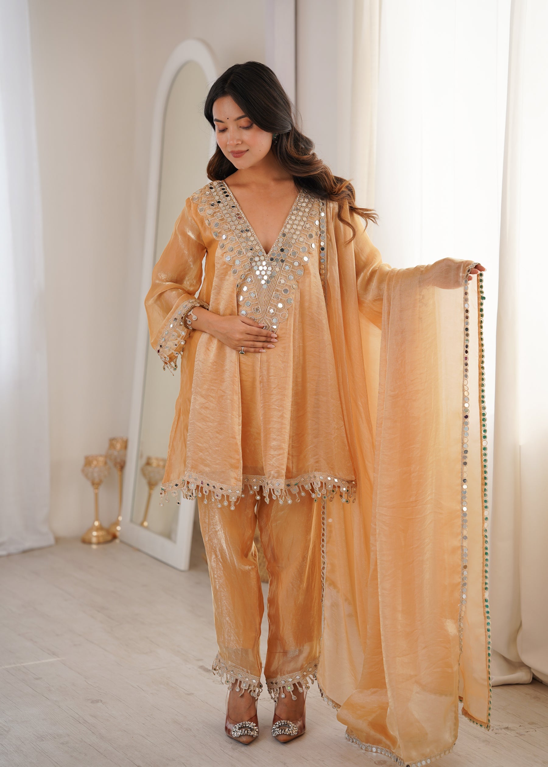 Chiku Fendy Satin Kurta Pant Set with Real Mirror Embroidered Lace