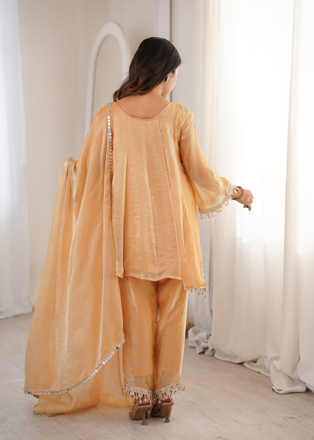 Chiku Fendy Satin Kurta Pant Set with Real Mirror Embroidered Lace