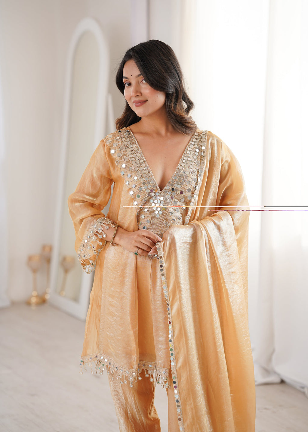 Chiku Fendy Satin Kurta Pant Set with Real Mirror Embroidered Lace