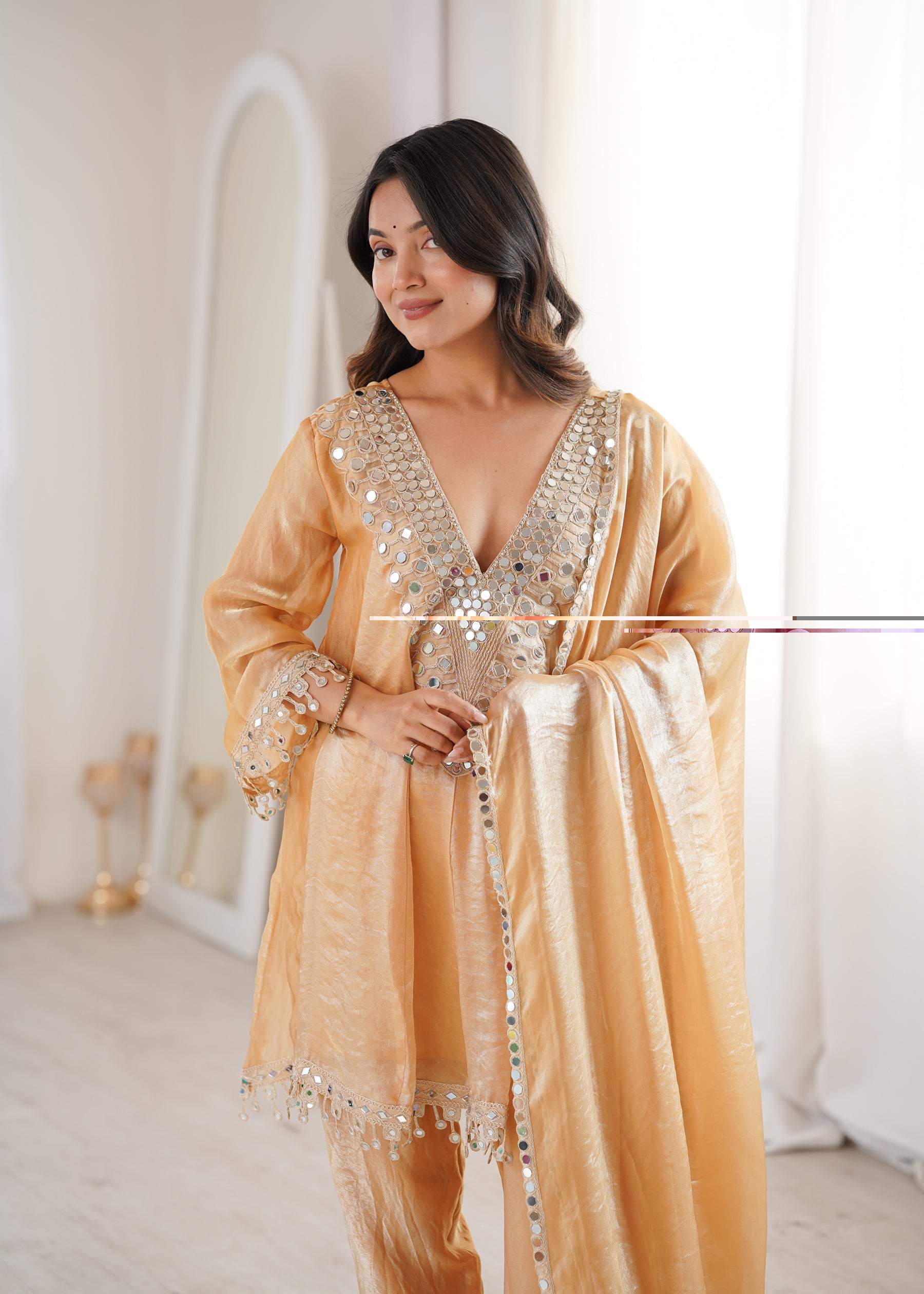 Chiku Fendy Satin Kurta Pant Set with Real Mirror Embroidered Lace