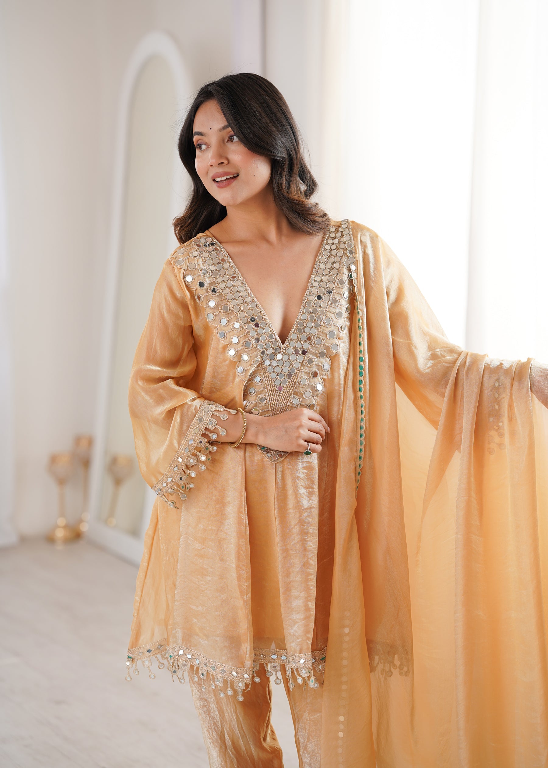 Chiku Fendy Satin Kurta Pant Set with Real Mirror Embroidered Lace