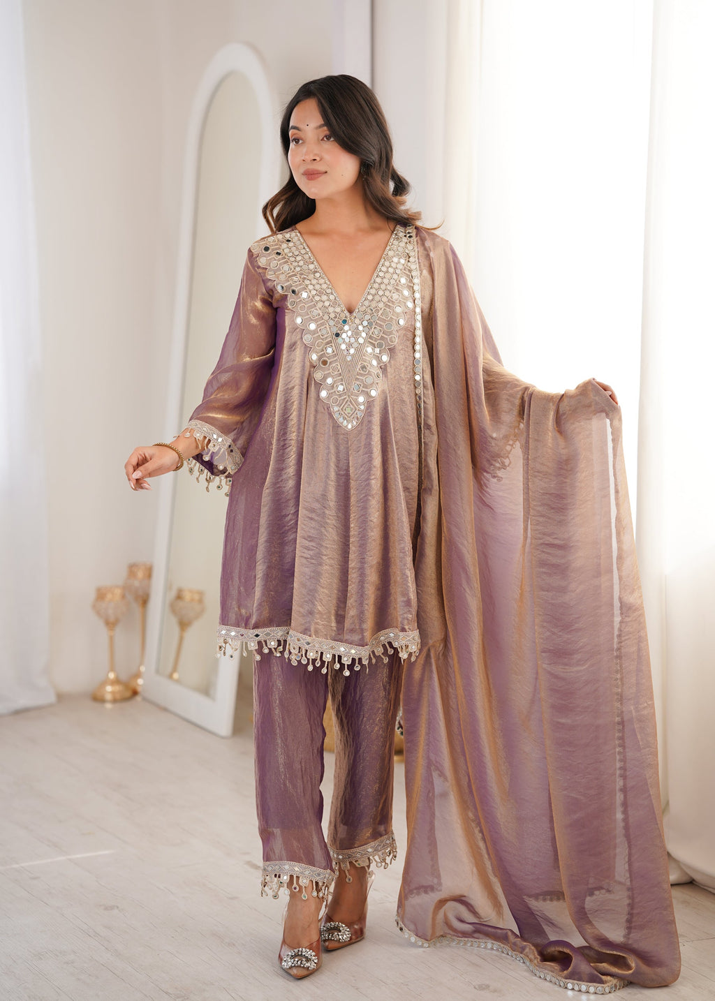 Purple Fendy Satin Kurta and Pant set featuring real mirror work and coding embroidery.