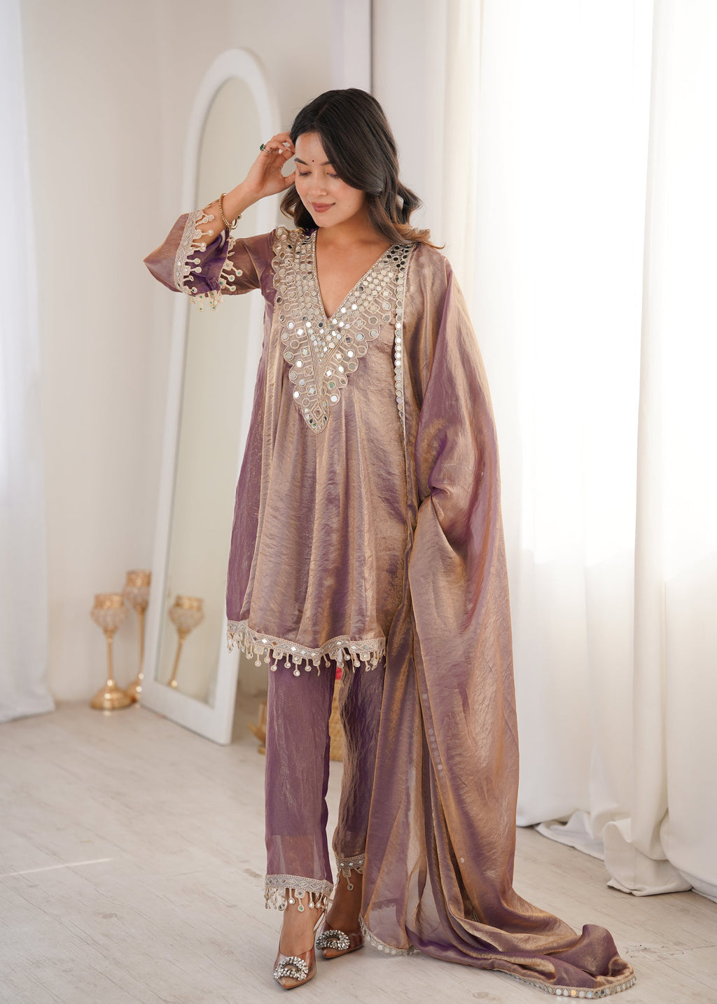 Purple Fendy Satin Kurta Pant Set with Mirror & Coding Embroidery