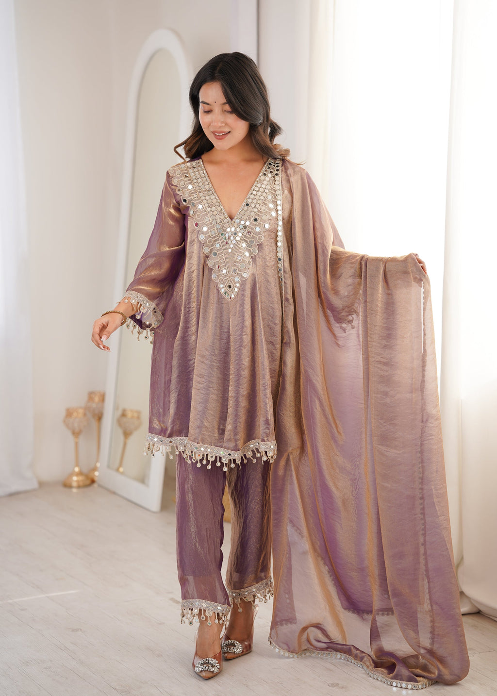 Purple Fendy Satin Kurta Pant Set with Mirror & Coding Embroidery