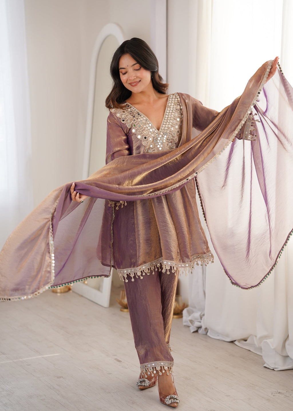Purple Fendy Satin Kurta Pant Set with Mirror & Coding Embroidery