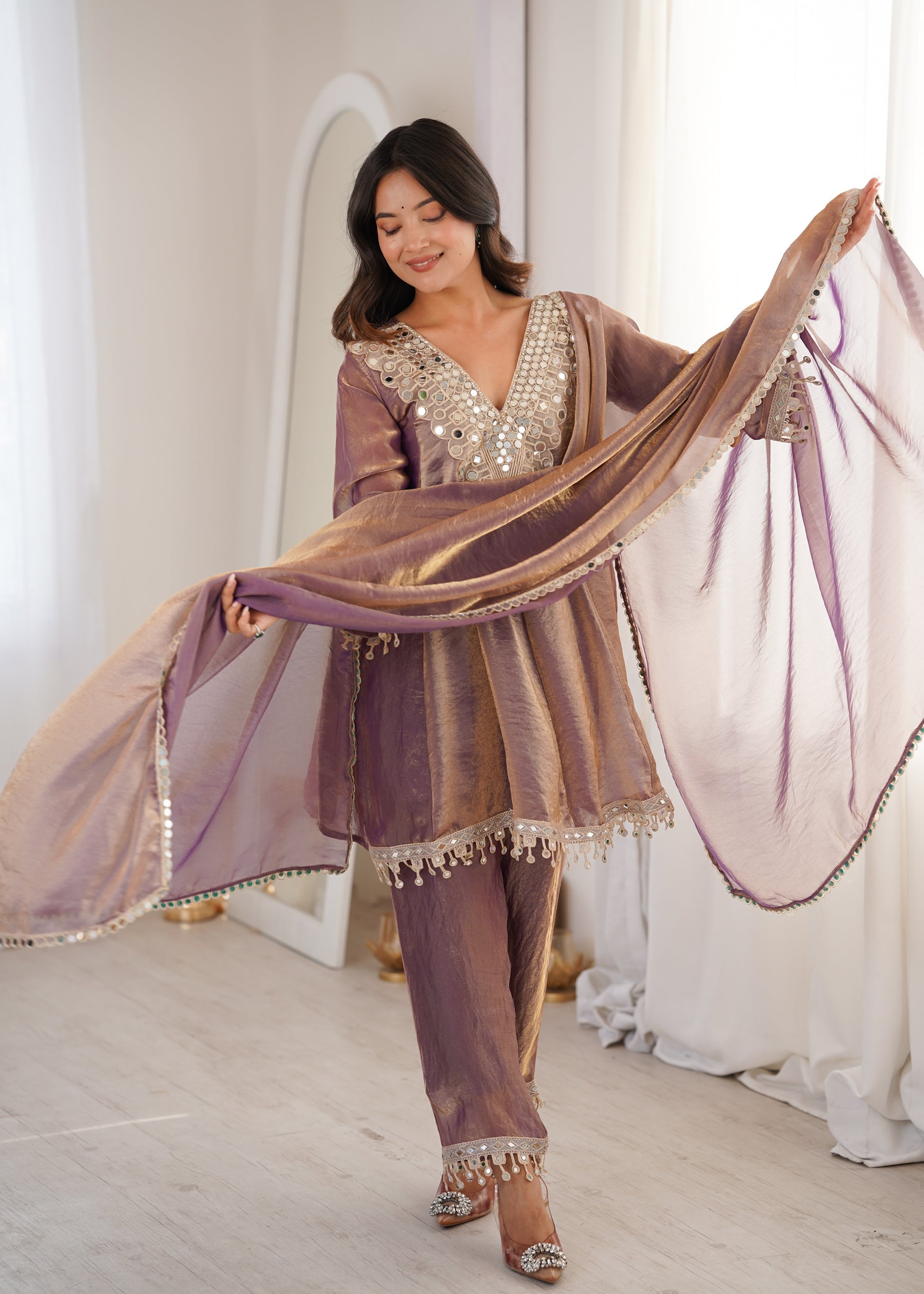 Purple Fendy Satin Kurta Pant Set with Mirror & Coding Embroidery