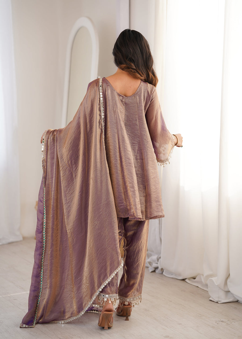 Purple Fendy Satin Kurta Pant Set with Mirror & Coding Embroidery