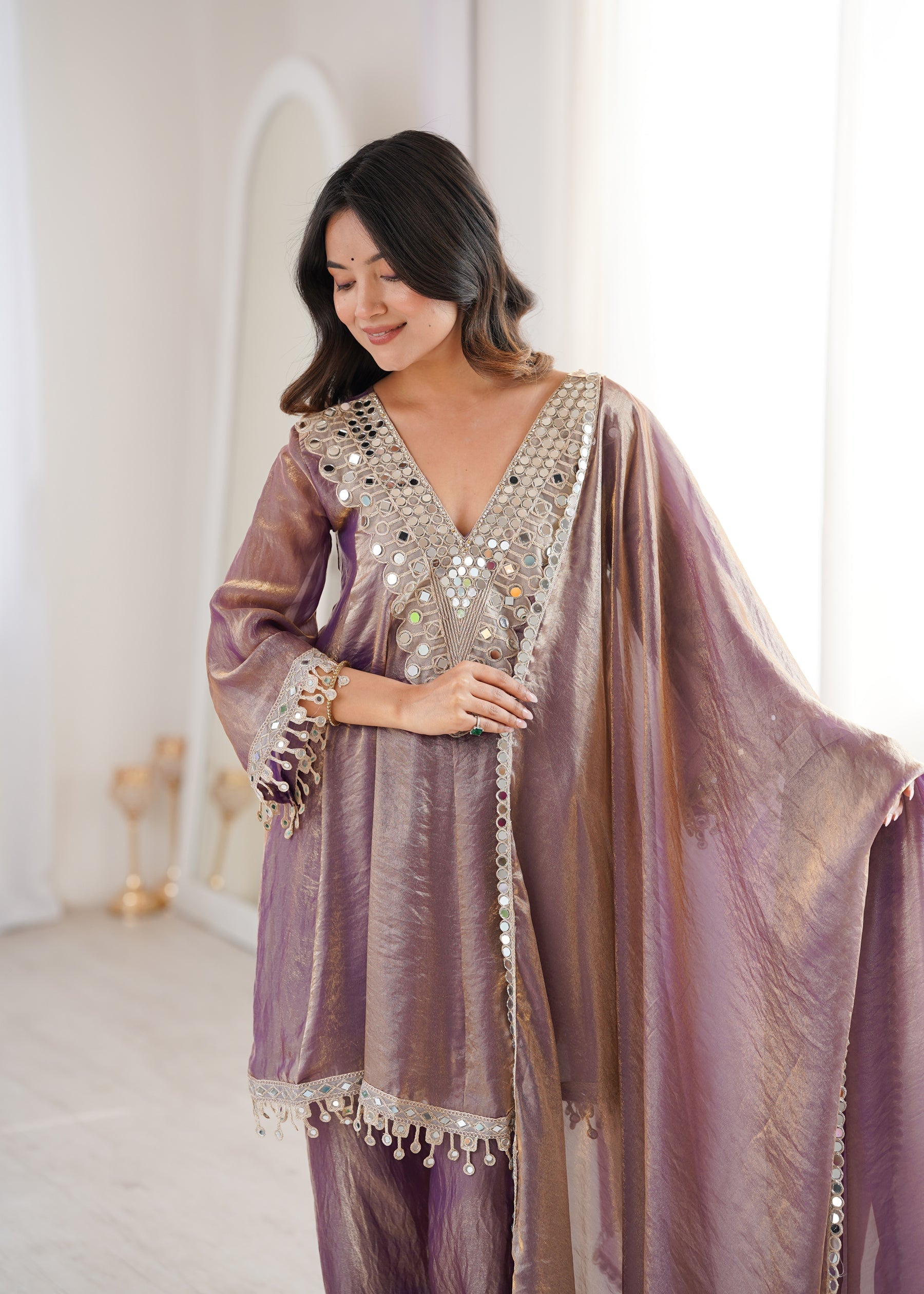 Purple Fendy Satin Kurta Pant Set with Mirror & Coding Embroidery