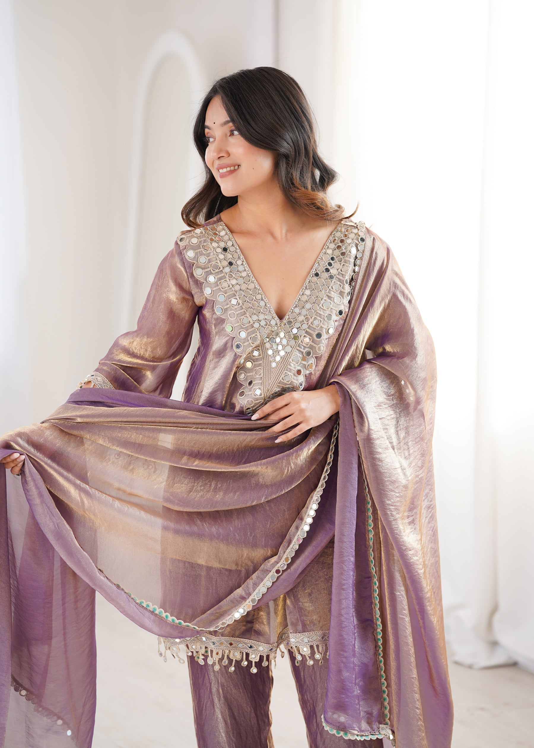 Purple Fendy Satin Kurta Pant Set with Mirror & Coding Embroidery