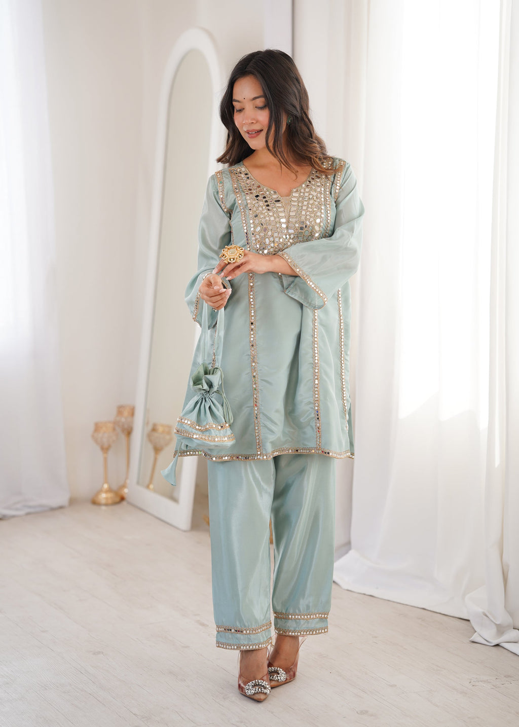 Skyblue Silk Kurta Pant Set with Real Mirror Embroidery & Batwa