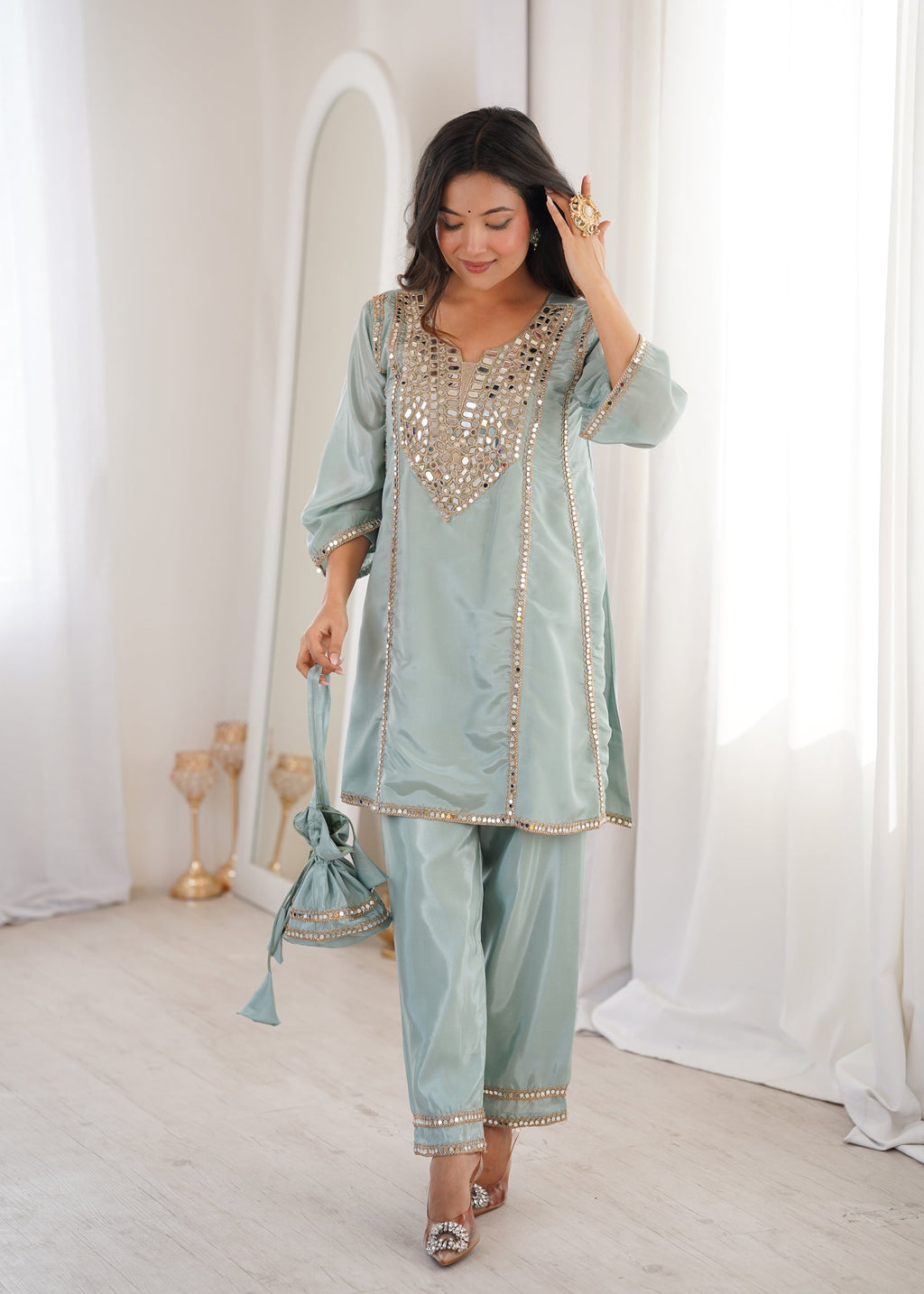 Skyblue Silk Kurta Pant Set with Real Mirror Embroidery & Batwa