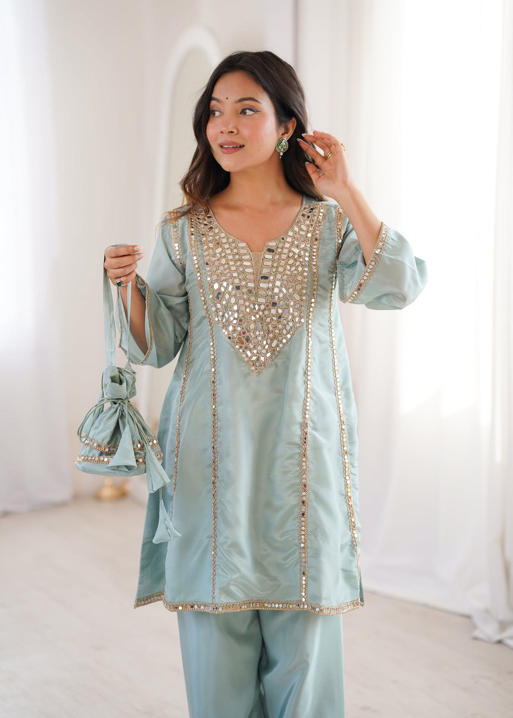 Skyblue Silk Kurta Pant Set with Real Mirror Embroidery & Batwa