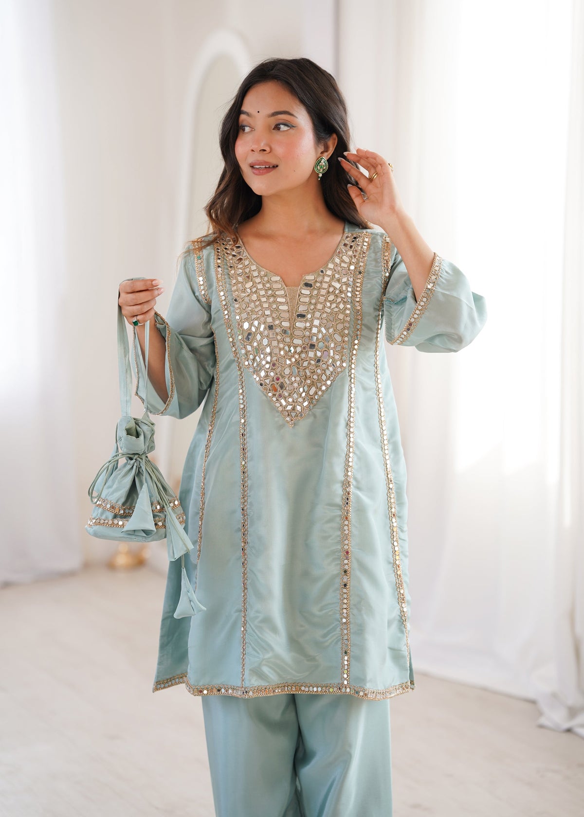 Skyblue Silk Kurta Pant Set with Real Mirror Embroidery & Batwa