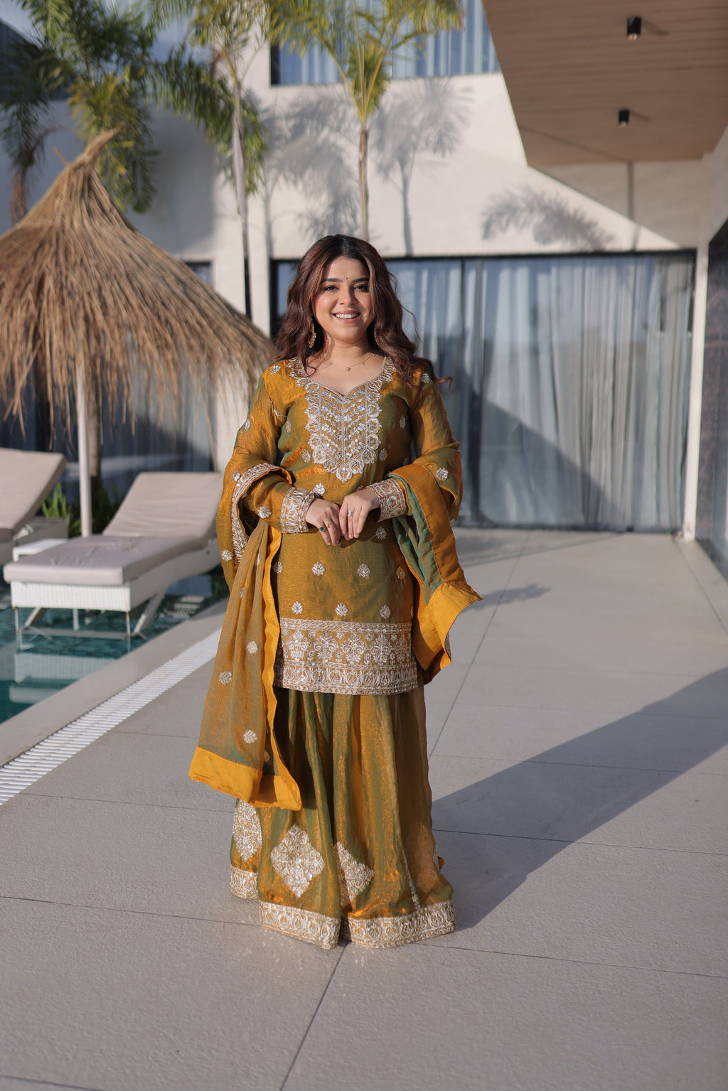 Mehendi Fendy Chiffon kurta set featuring Zari sequins and coding embroidery with matching palazzo