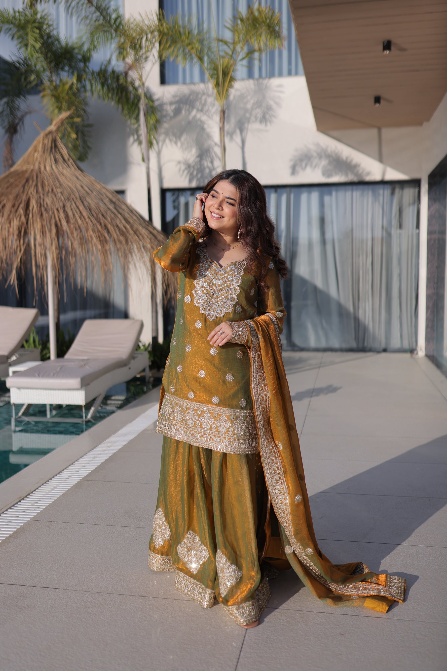 Mehendi Fendy Chiffon Kurta Palazzo Set with Zari Sequins Work