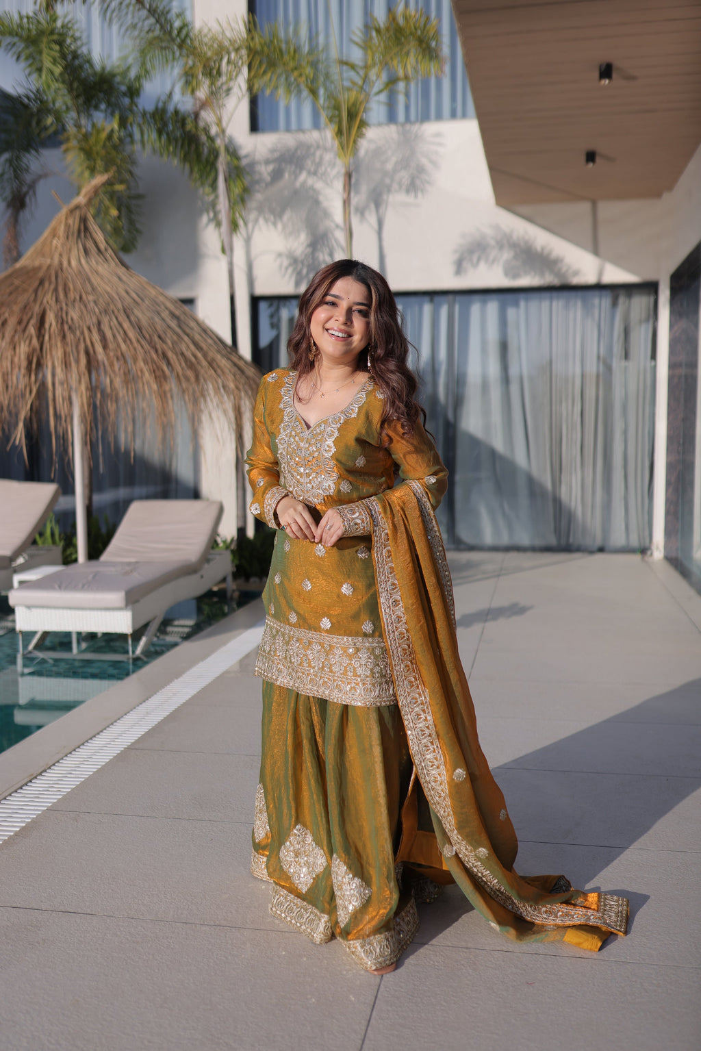 Mehendi Fendy Chiffon Kurta Palazzo Set with Zari Sequins Work