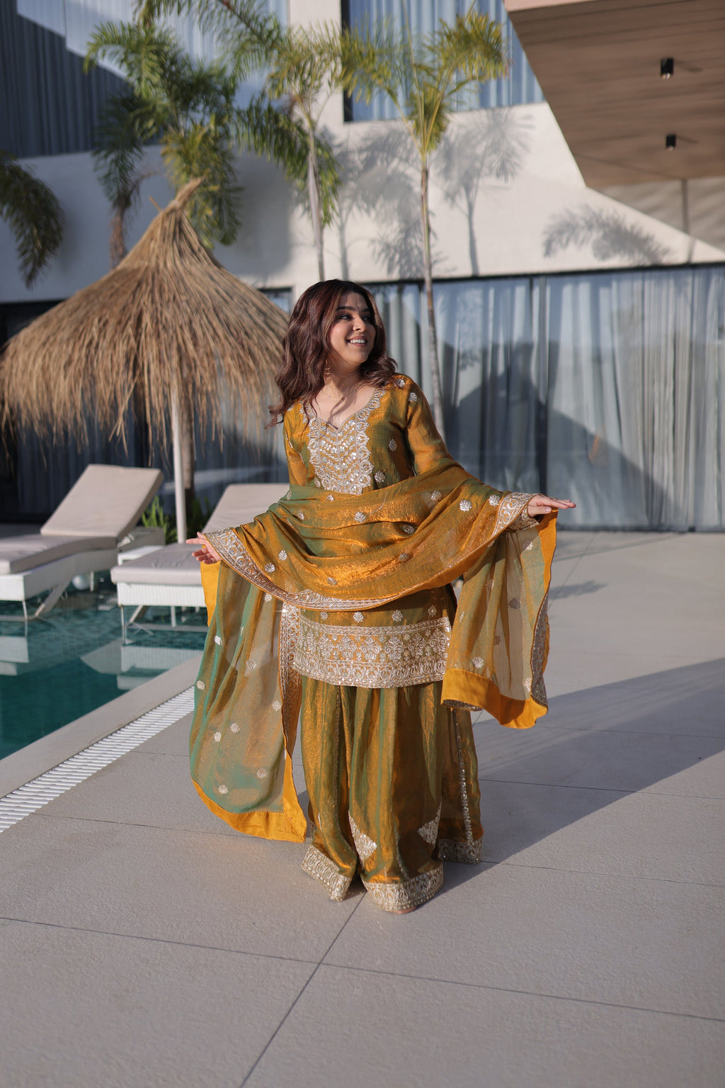 Mehendi Fendy Chiffon Kurta Palazzo Set with Zari Sequins Work
