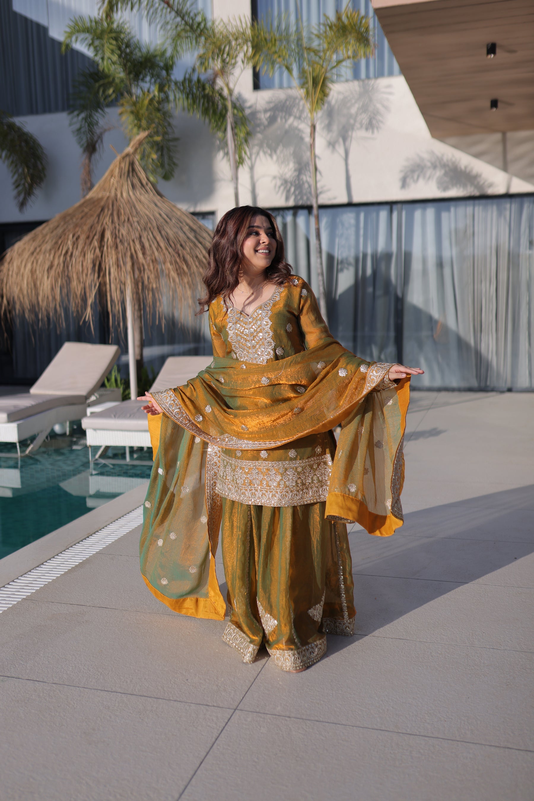 Mehendi Fendy Chiffon Kurta Palazzo Set with Zari Sequins Work