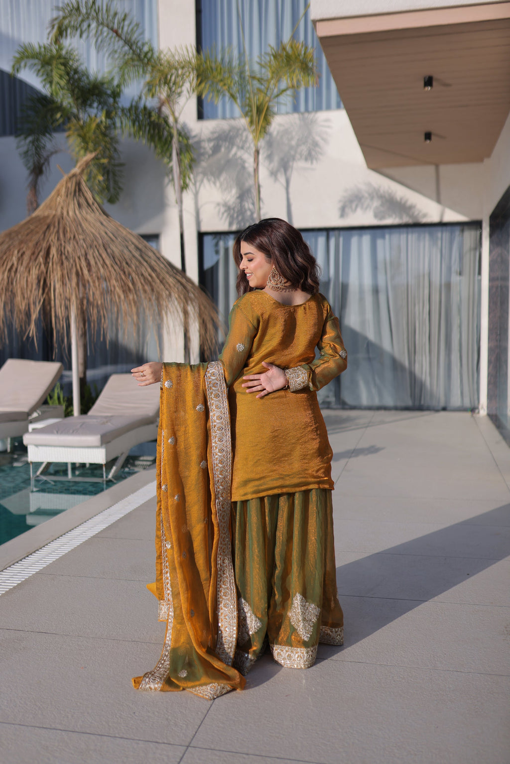 Mehendi Fendy Chiffon Kurta Palazzo Set with Zari Sequins Work