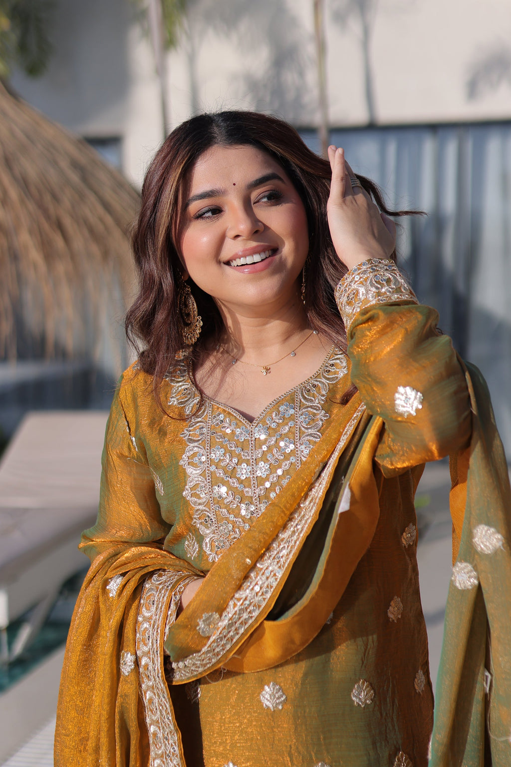 Mehendi Fendy Chiffon Kurta Palazzo Set with Zari Sequins Work