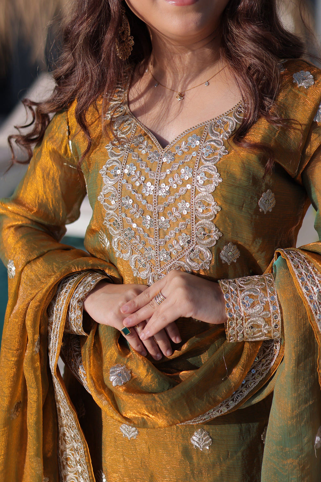 Mehendi Fendy Chiffon Kurta Palazzo Set with Zari Sequins Work