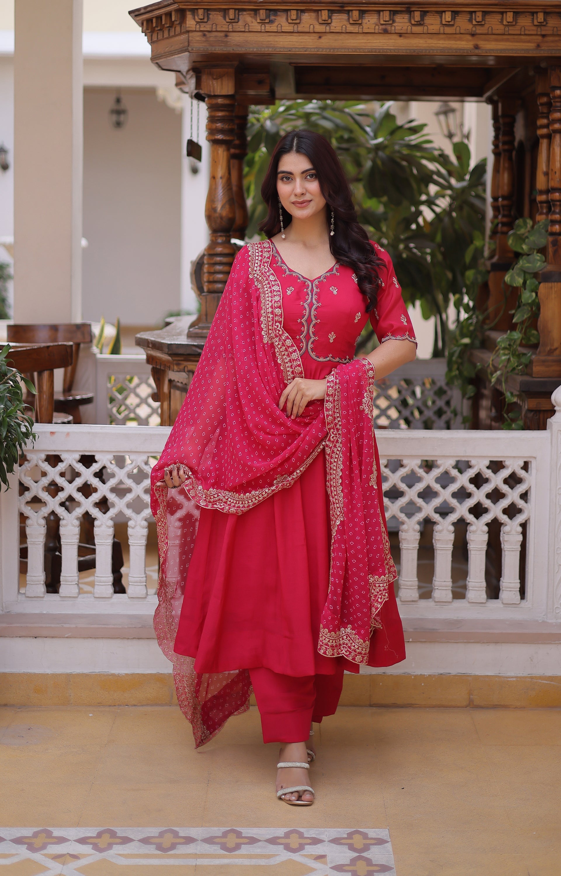 Pink Mul Chanderi kurta with bead and thread embroidery paired with matching pants and dupatta