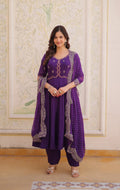 Elegant purple Mul Chanderi kurta set with bead and thread embroidery and matching dupatta.