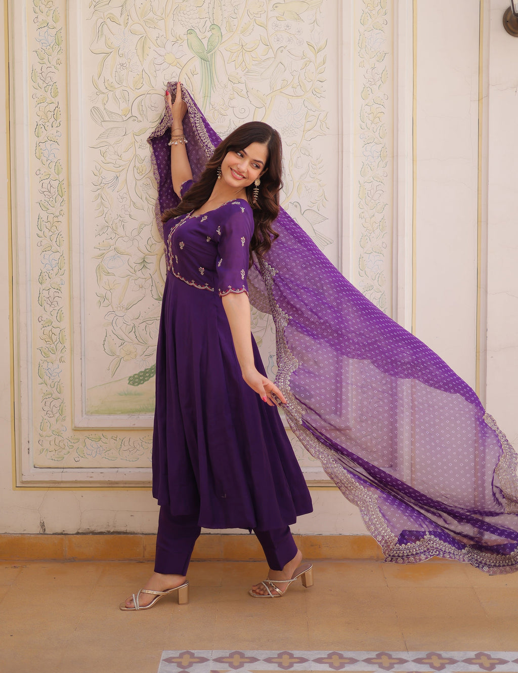 Purple Mul Chanderi Embroidered Kurta Pant Set with Dupatta