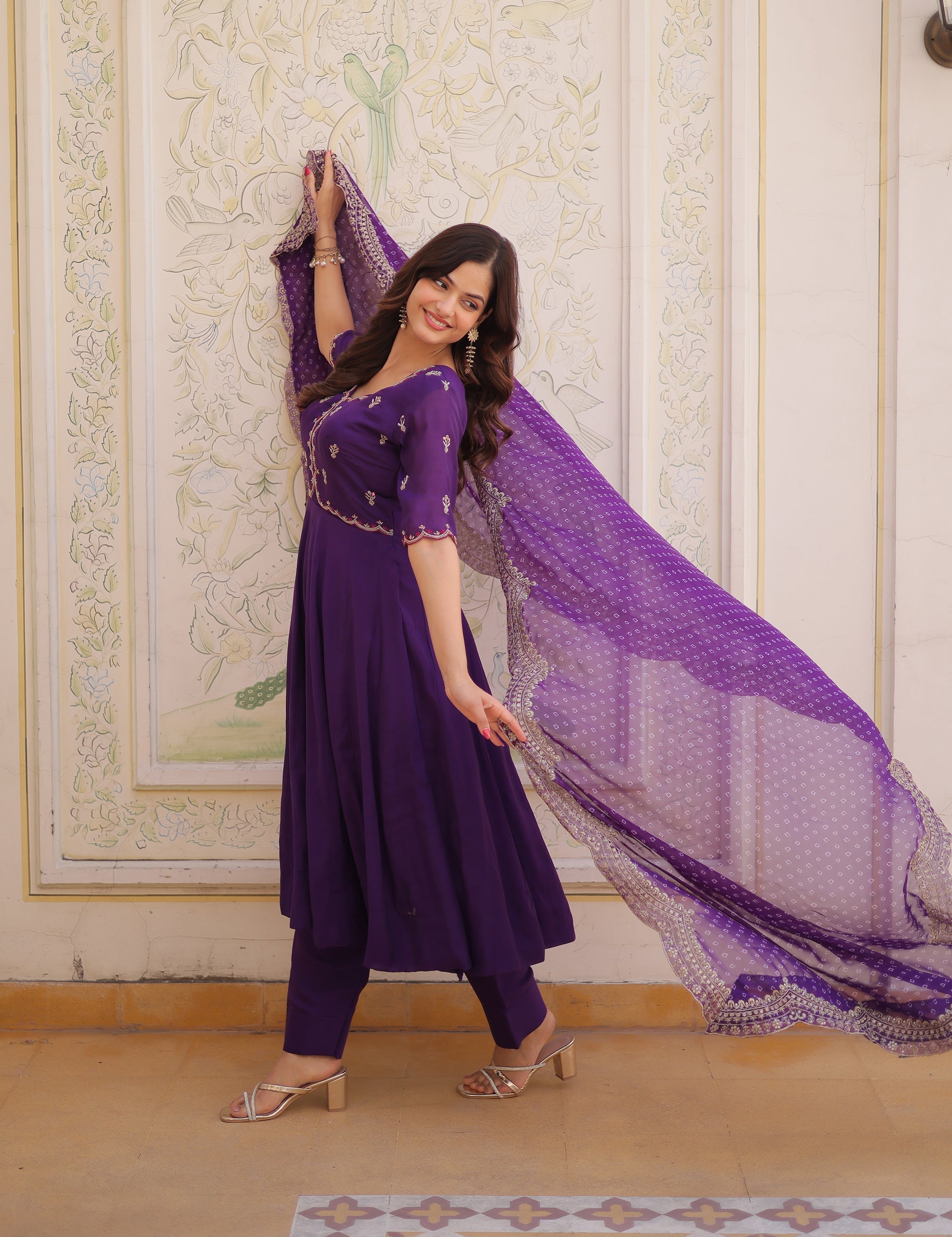 Purple Mul Chanderi Embroidered Kurta Pant Set with Dupatta