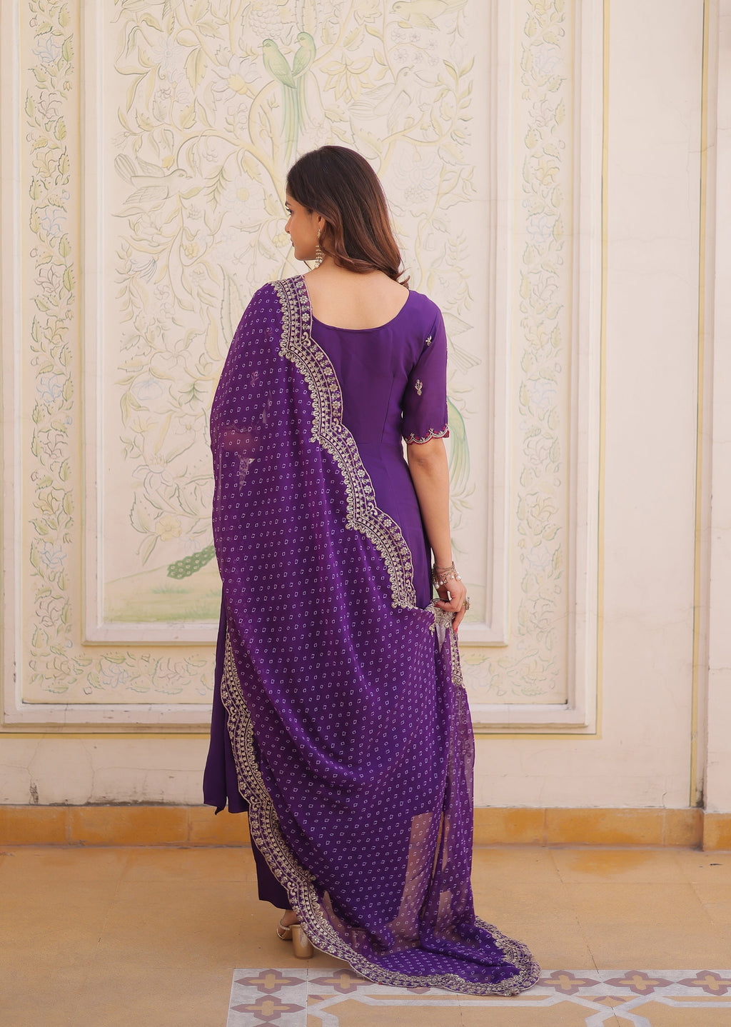 Purple Mul Chanderi Embroidered Kurta Pant Set with Dupatta