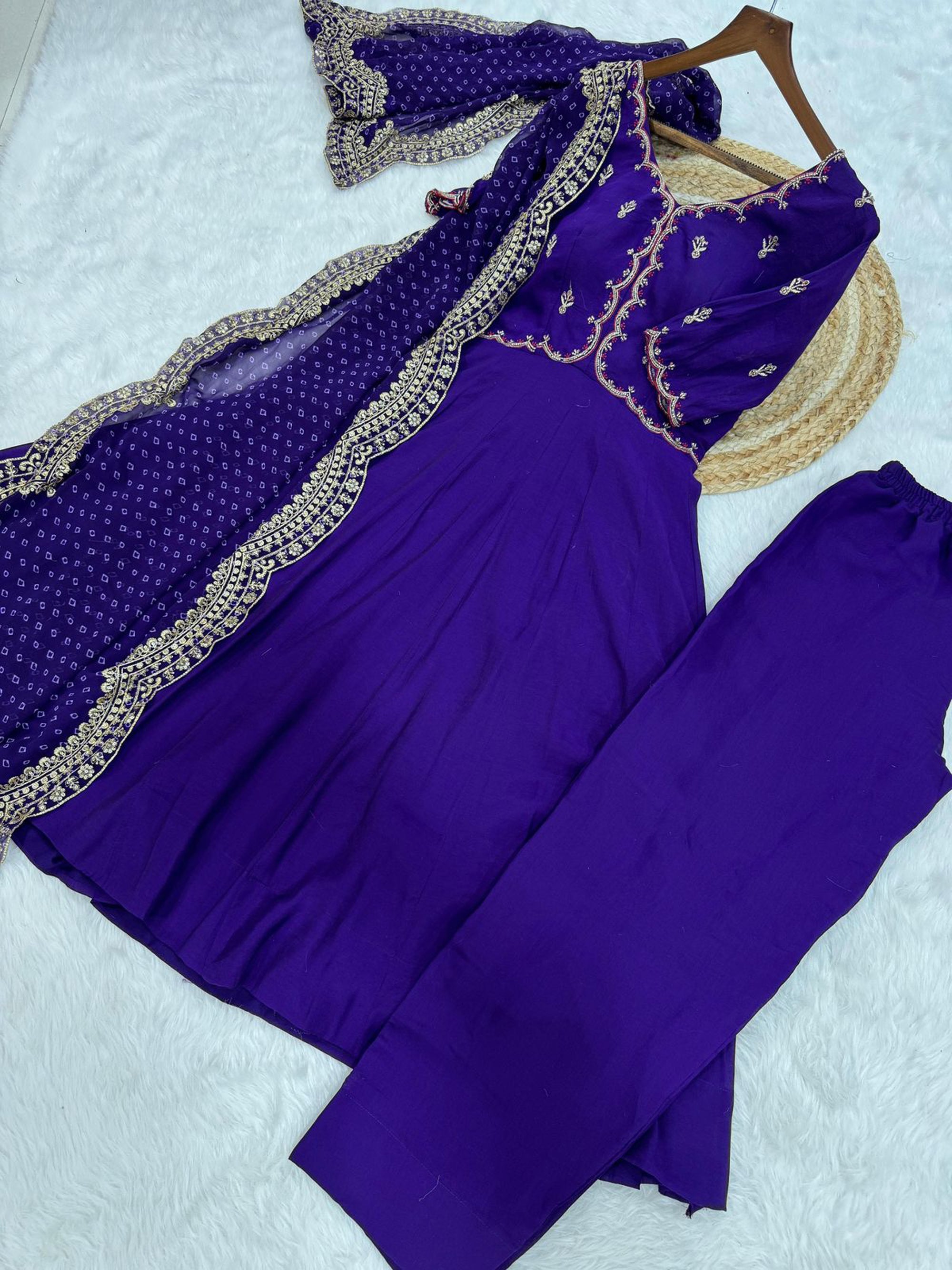 Purple Mul Chanderi Embroidered Kurta Pant Set with Dupatta