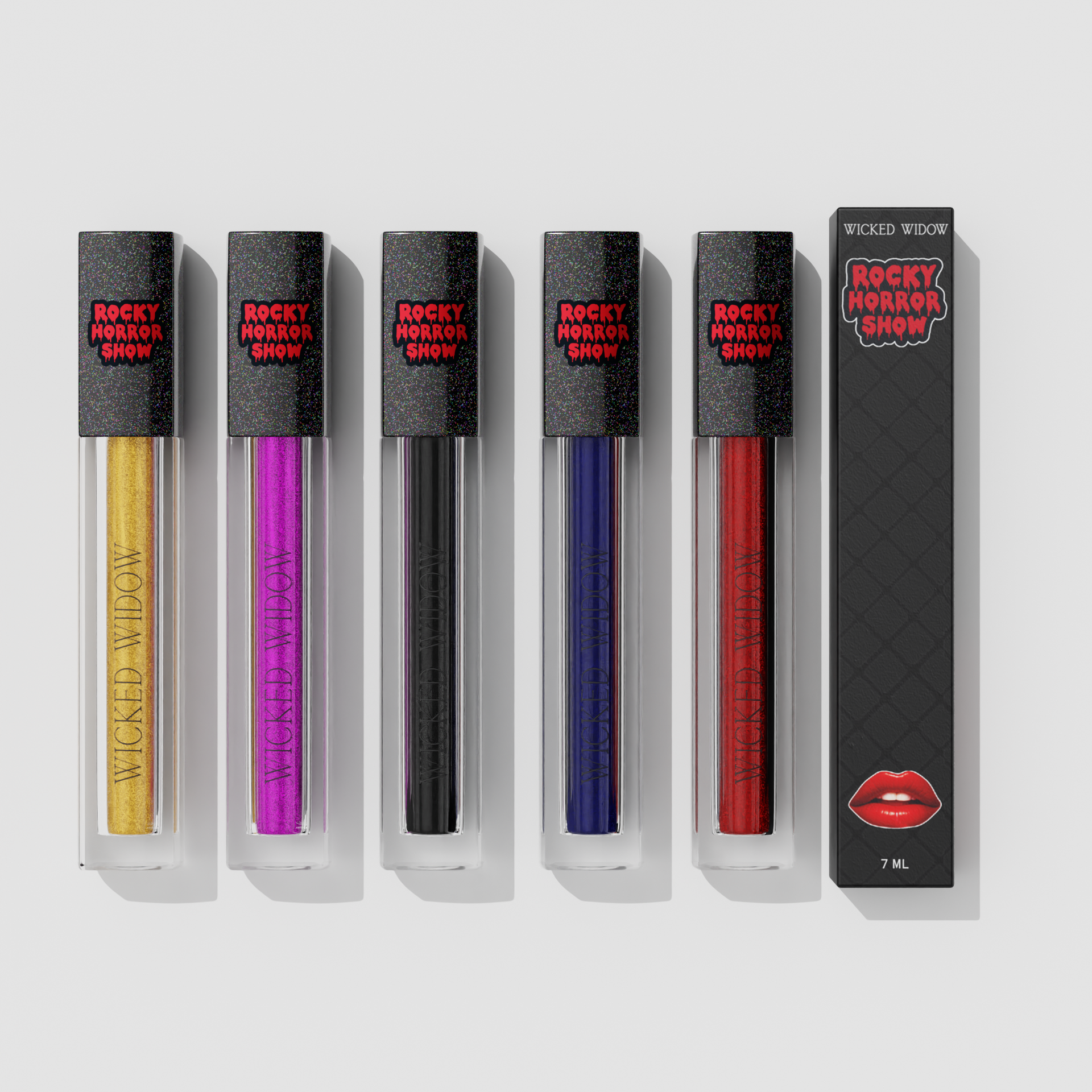 Collection of five Wicked Widow Beauty Rocky Horror Show themed lip glosses in various vibrant glitter shades with black packaging.
