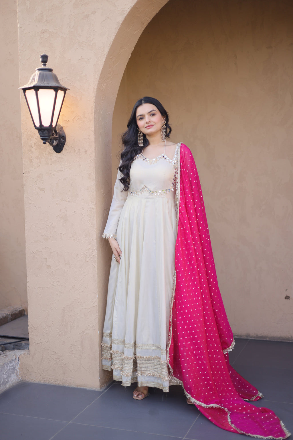 Cream Cosmos Mirror Work Gown with Zari Embroidered Lace and Dupatta