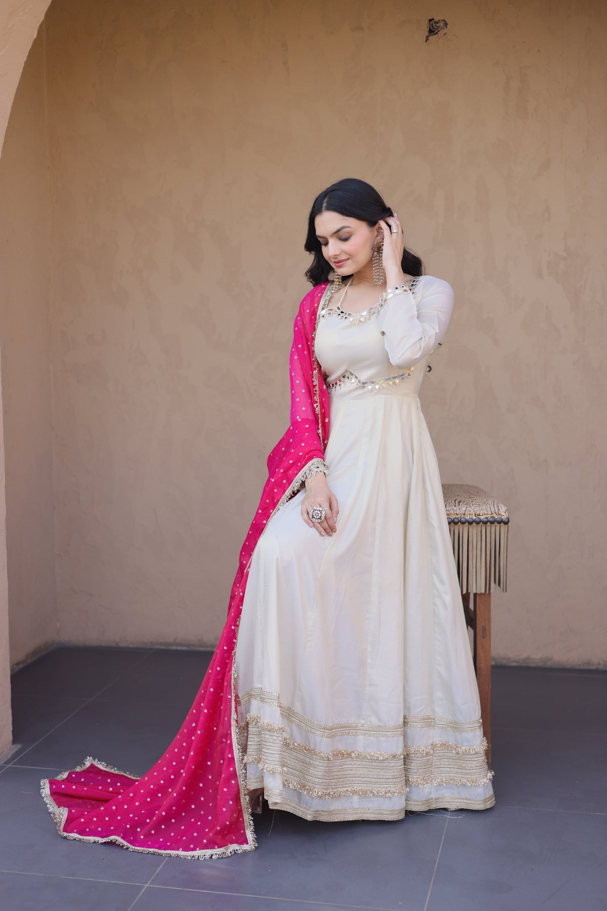 Cream Cosmos Mirror Work Gown with Zari Embroidered Lace and Dupatta