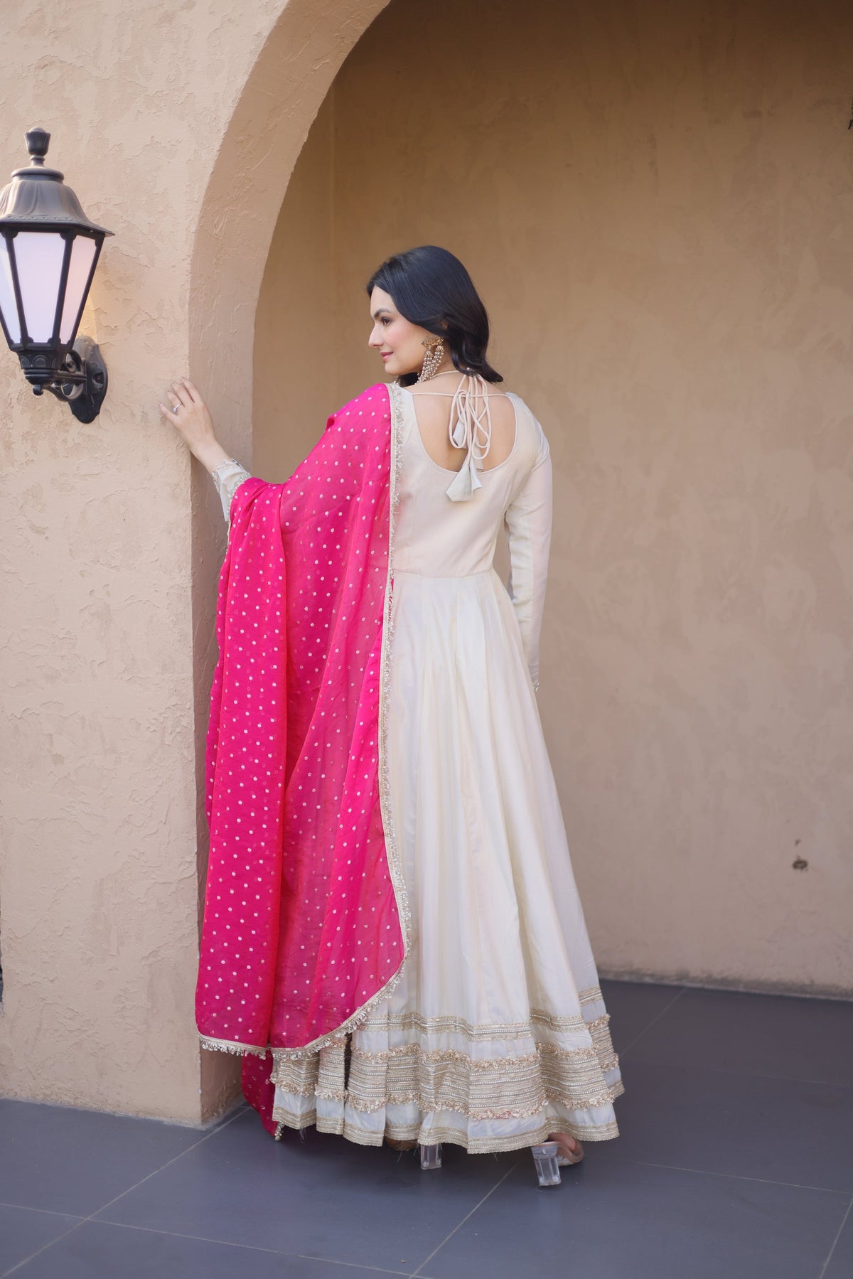 Cream Cosmos Mirror Work Gown with Zari Embroidered Lace and Dupatta