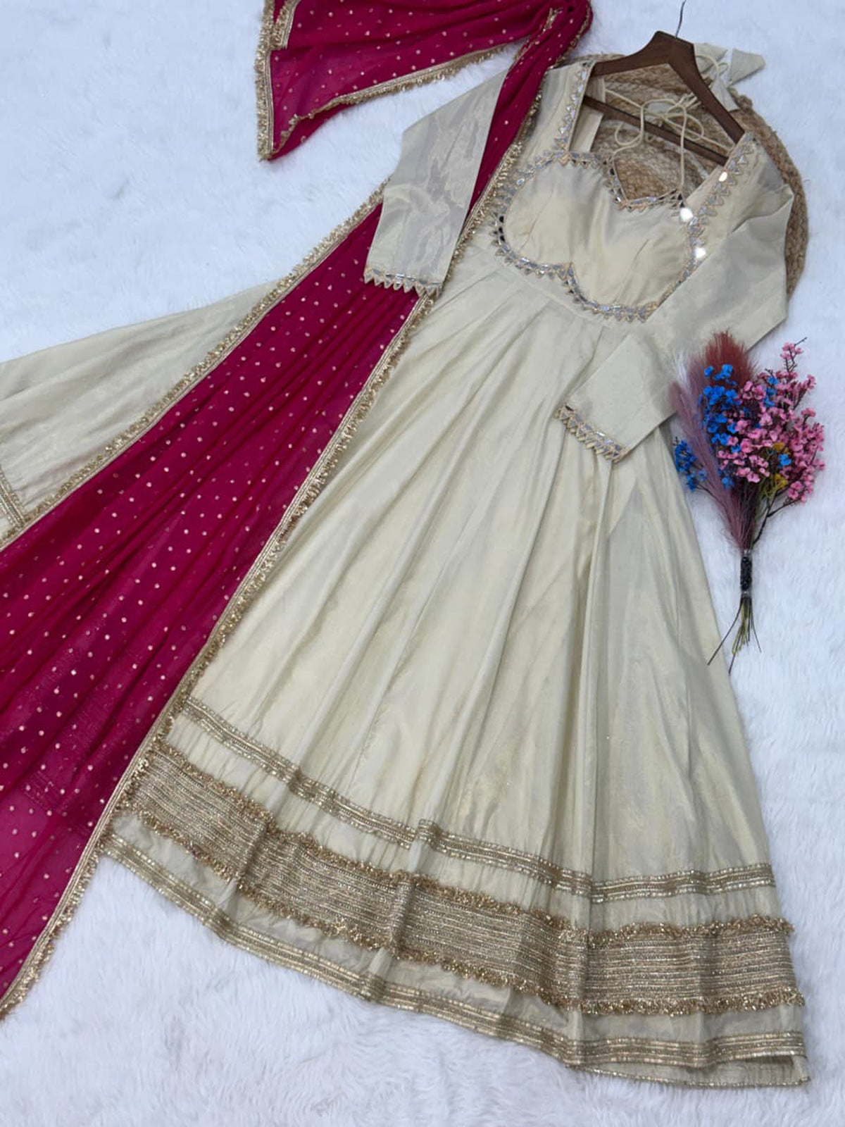 Cream Cosmos Mirror Work Gown with Zari Embroidered Lace and Dupatta