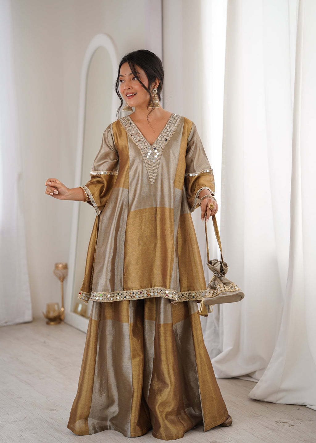Two-Tone Tissue Kurta Palazzo Set with Mirror Work & Batwa