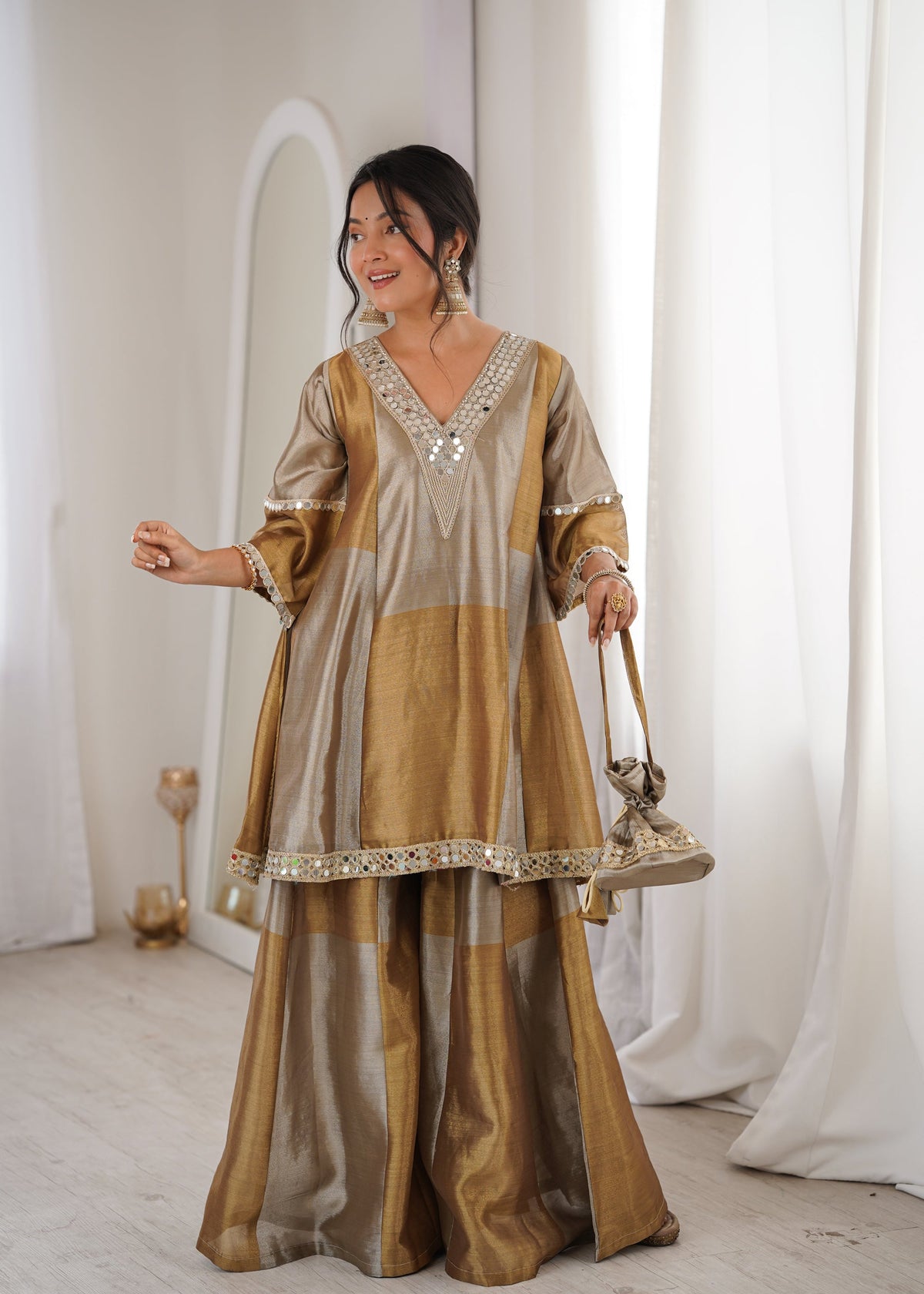 Two-Tone Tissue Kurta Palazzo Set with Mirror Work & Batwa