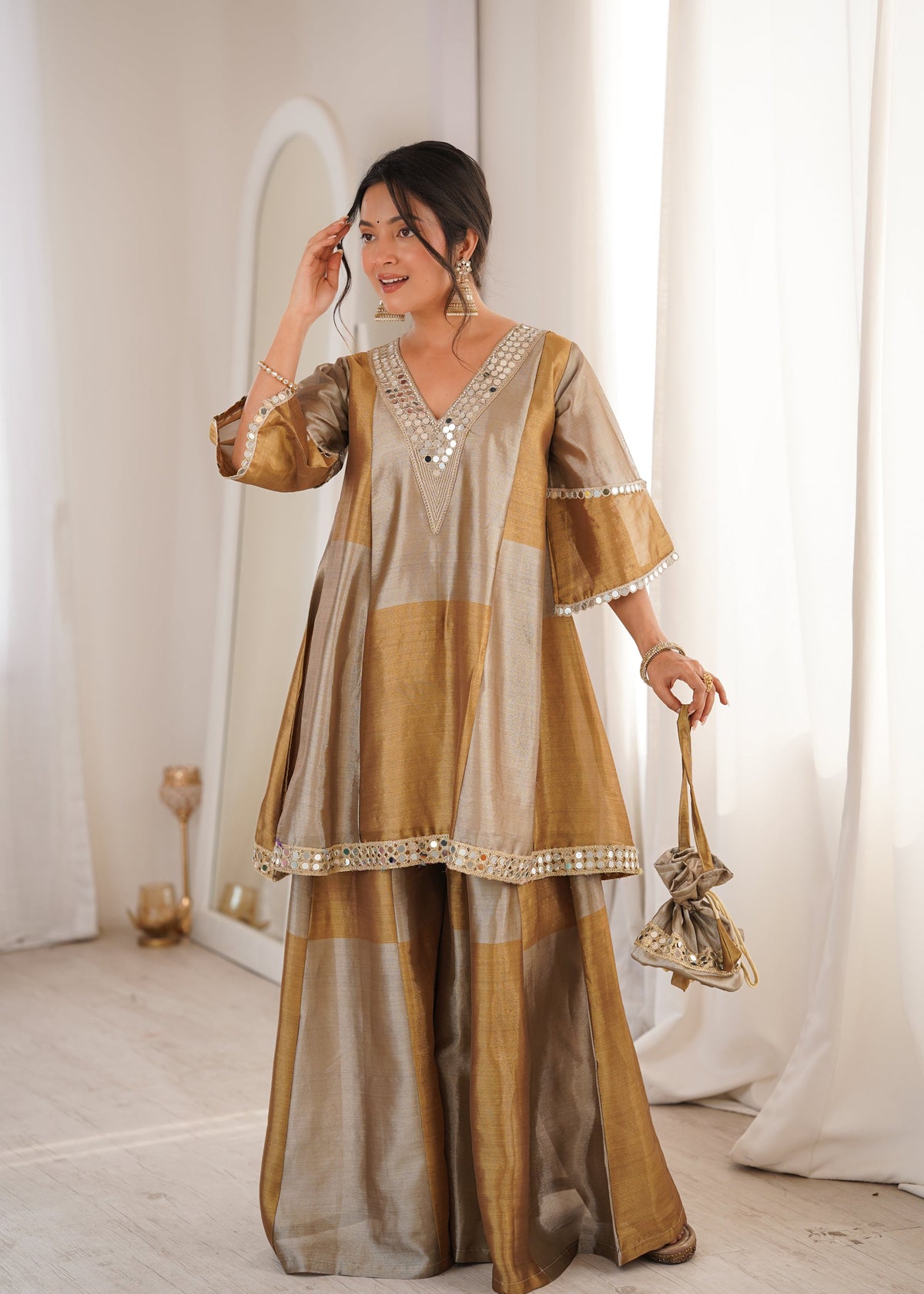 Two-Tone Tissue Kurta Palazzo Set with Mirror Work & Batwa