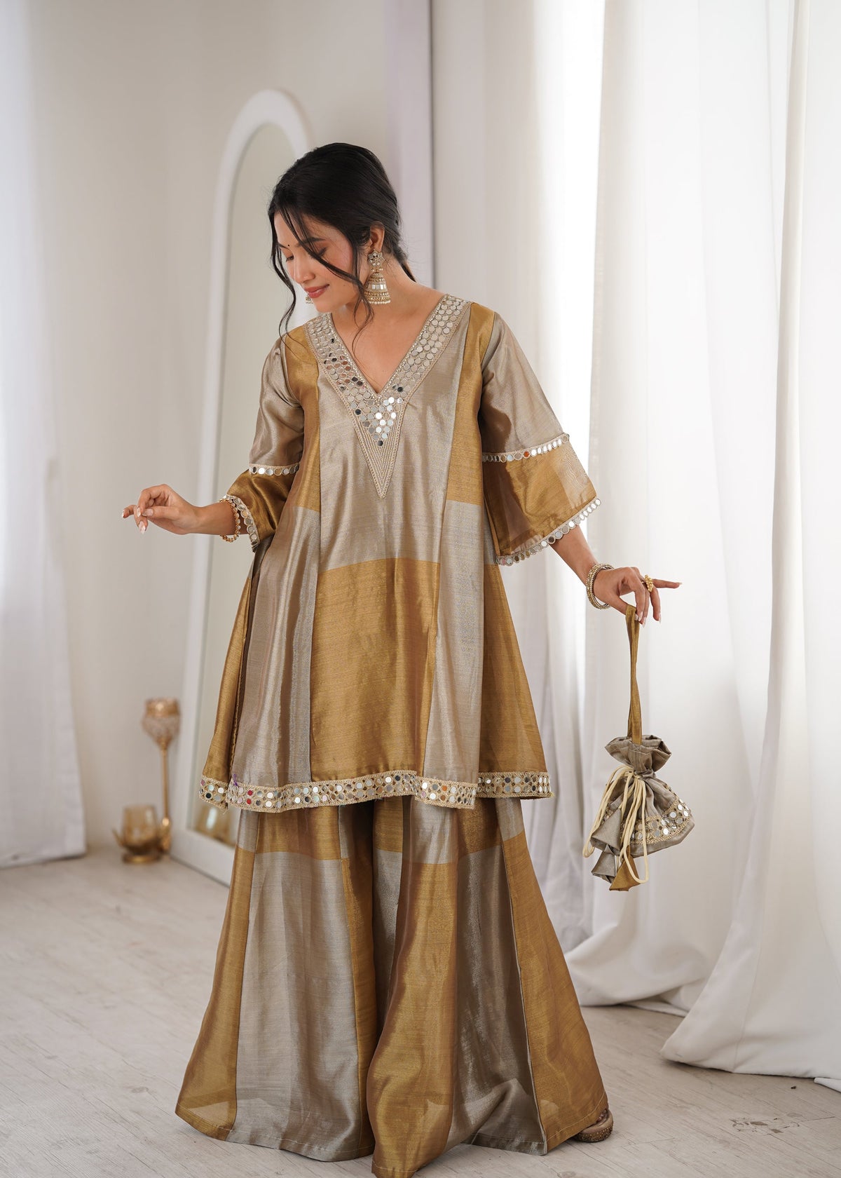 Two-Tone Tissue Kurta Palazzo Set with Mirror Work & Batwa