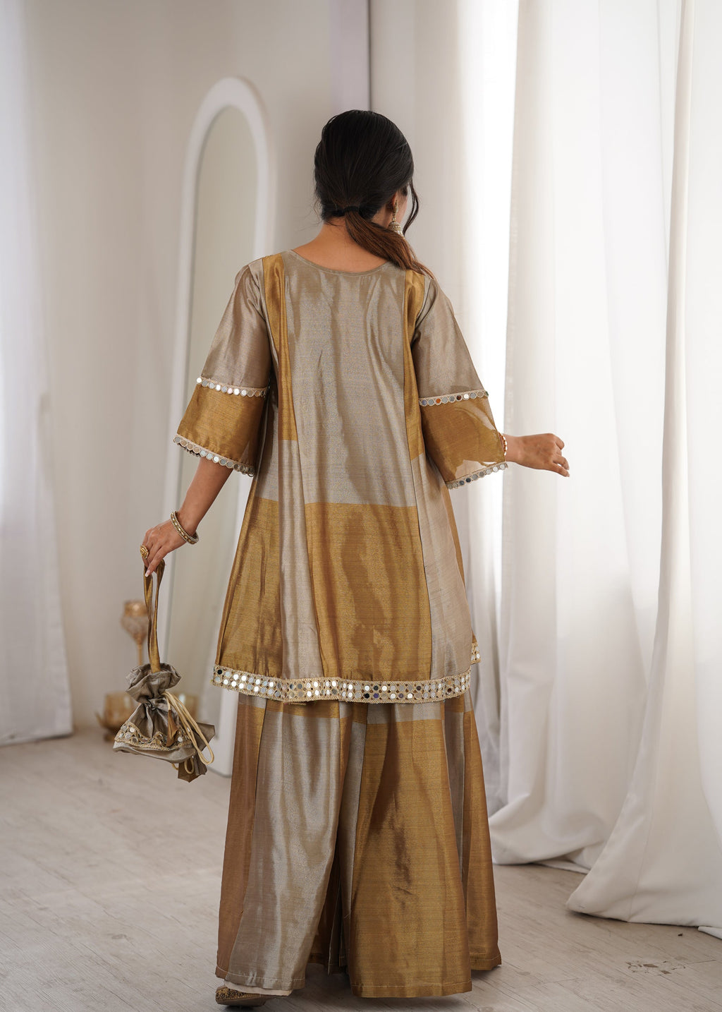 Two-Tone Tissue Kurta Palazzo Set with Mirror Work & Batwa