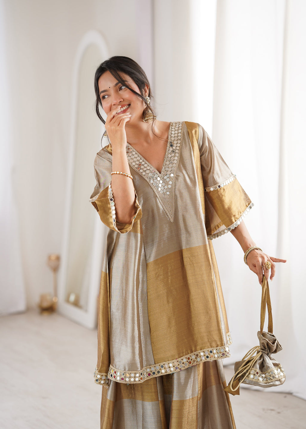 Two-Tone Tissue Kurta Palazzo Set with Mirror Work & Batwa