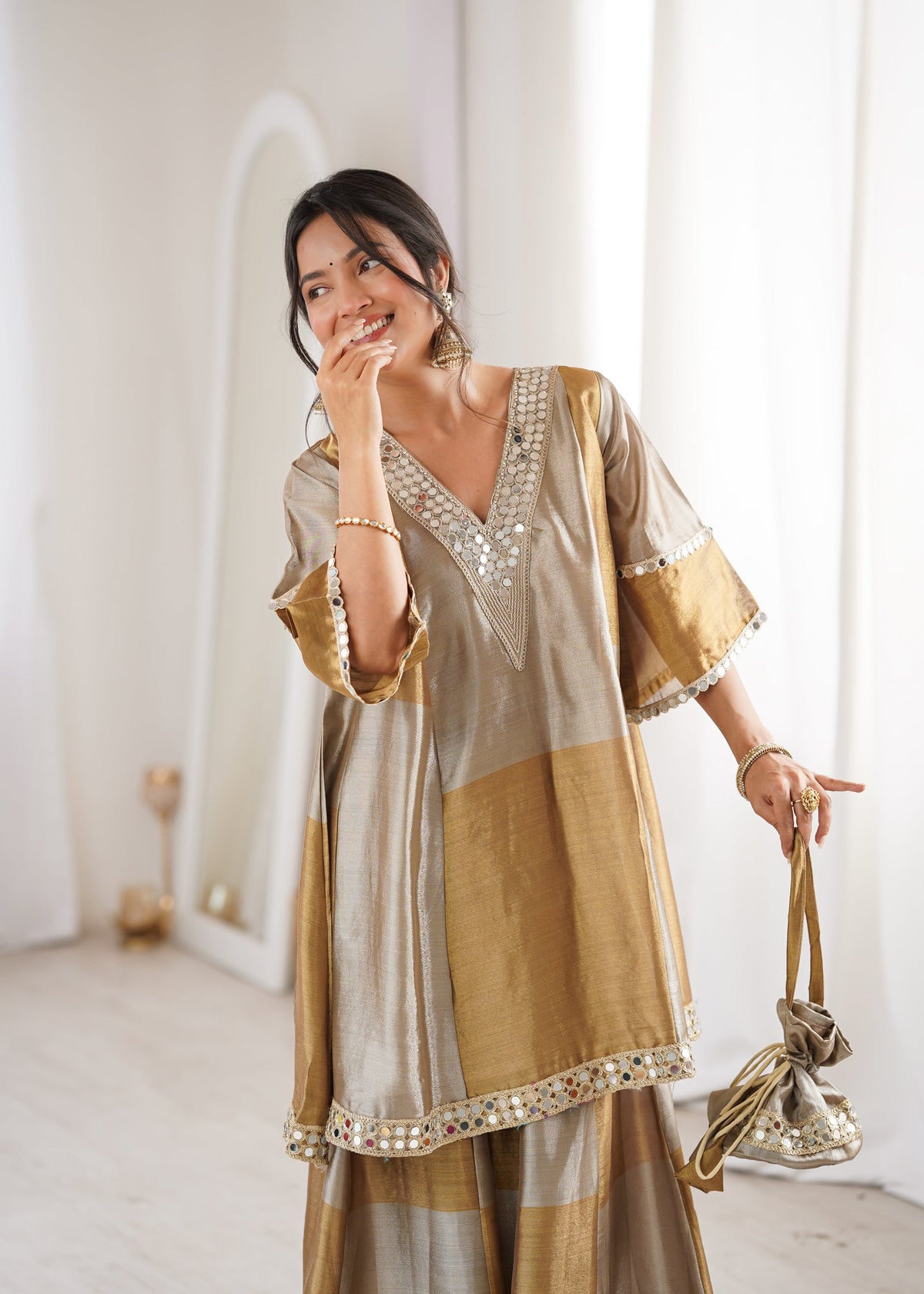 Two-Tone Tissue Kurta Palazzo Set with Mirror Work & Batwa