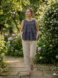 Blue Checks Linen Cotton Top and Bottom Set for Women