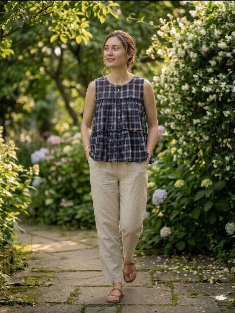 Blue Checks Linen Cotton Top and Bottom Set for Women